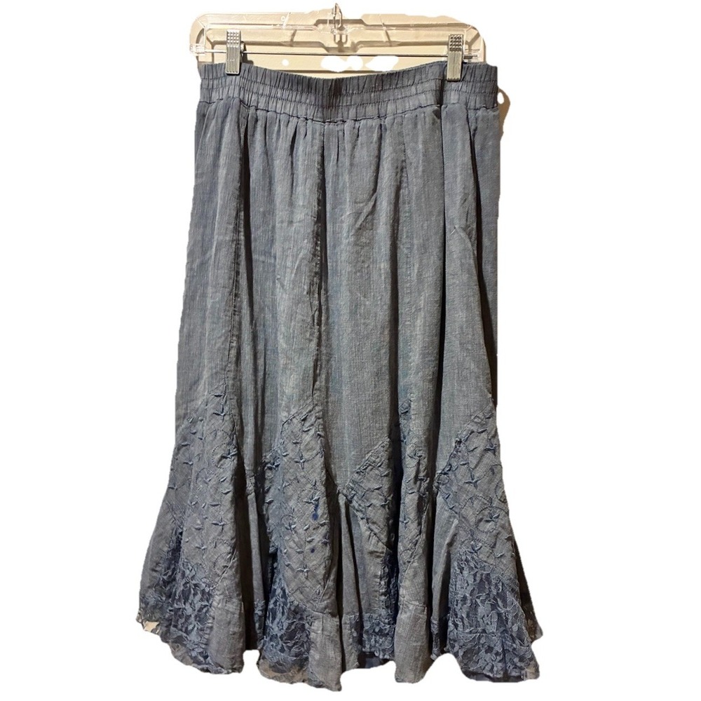 Krazy Kat M Skirt Blue Denim Look Lined Cottage Gypsy Boho Lace EUC